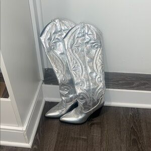 Silver Metallic Embossed Cowboy Boots